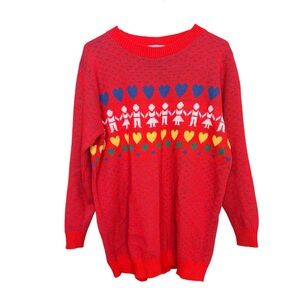 Arielle Vintage 80s Red Sweater w/Hearts Retro Boho Hipster Cozy Cabincore